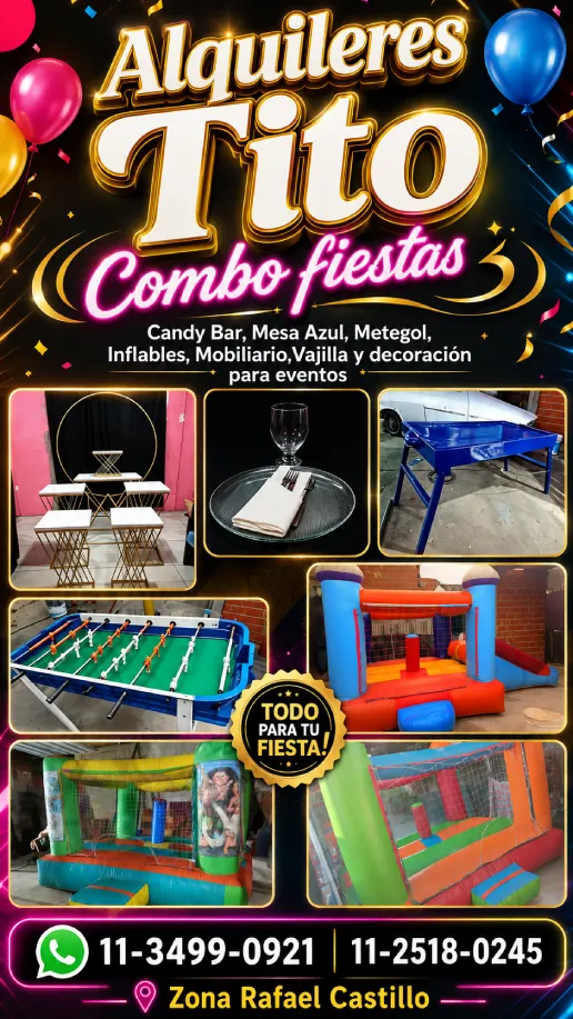 Alquileres Tito - candy bar, mesa azul, metegol e inflables para fiestas en Rafael Castillo
