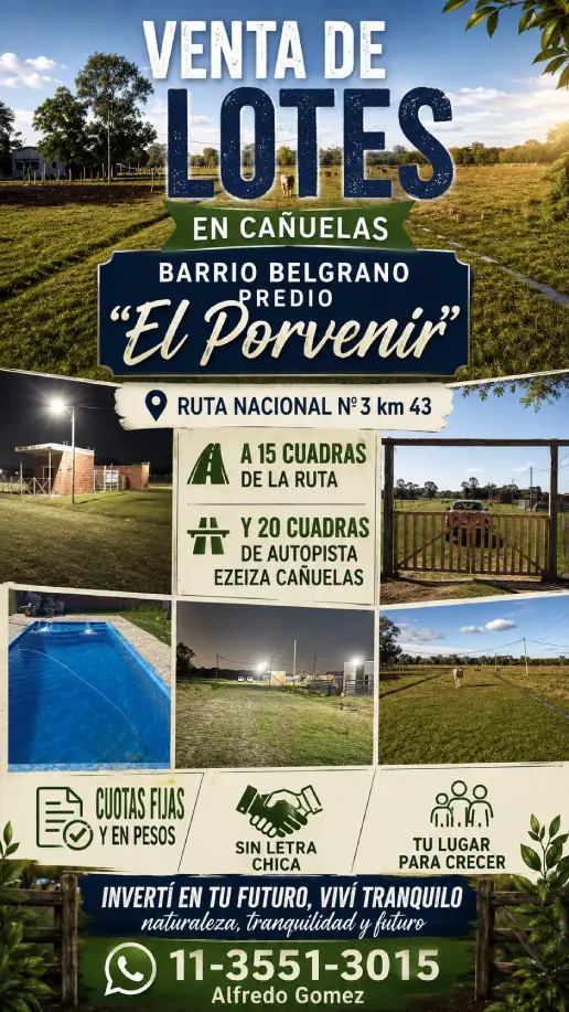 Venta de lotes en Cañuelas, Barrio Belgrano, Predio El Porvenir